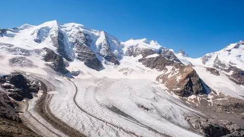 Panoramic view of Pers Glacier and Bellavista peaks. Bernina range from Dia.. Stock Photos