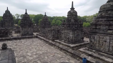Panoramic View of Perwara Temples, Buddhist Stupas, Sewu Temple, Indonesia Stock Footage 282384347