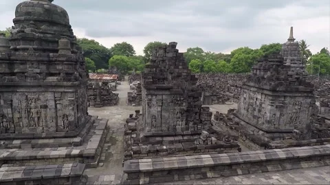 Panoramic View of Perwara Temples, Buddhist Stupas, Sewu Temple, Indonesia Stock Footage 282384612
