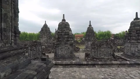 Panoramic View of Perwara Temples, Buddhist Stupas, Sewu Temple, Indonesia Stock Footage 284152238