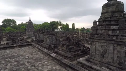 Panoramic View of Perwara Temples, Buddhist Stupas, Sewu Temple, Indonesia Stock Footage 284861473
