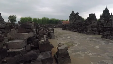 Panoramic View of Perwara Temples, Buddhist Stupas, Sewu Temple, Java, Indonesia Stock Footage 307094033