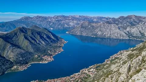Panoramic view from Pestingrad (Derinski Vrh) of Kotor bay in sunny summer,.. Stock Photos