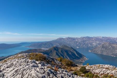Panoramic view from Pestingrad (Derinski Vrh) of Kotor bay in sunny summer,.. Stock Photos