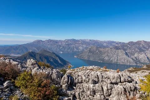 Panoramic view from Pestingrad (Derinski Vrh) of Kotor bay in sunny summer,.. Foto stock