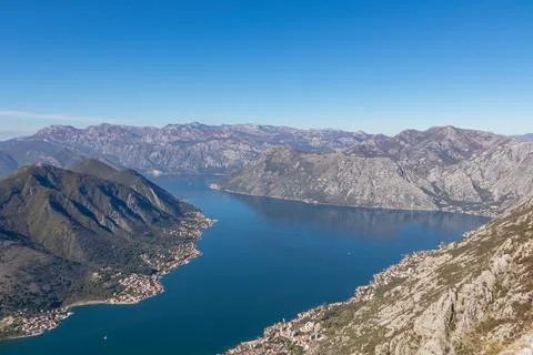 Panoramic view from Pestingrad (Derinski Vrh) of Kotor bay in sunny summer,.. Foto stock