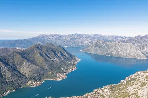 Panoramic view from Pestingrad (Derinski Vrh) of Kotor bay on sunny summer .. Stock Photos