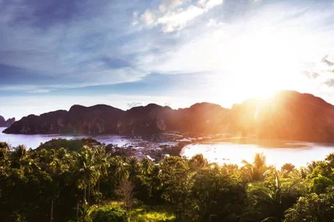 Panoramic view to Phi-Phi Don from viewpoint at sunset time Stock Photos