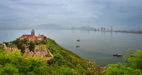 Panoramic View from Phuoc Mai Lighthouse to Quy Nhon City with Fishing Boats Stock Photos