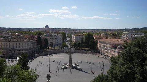 Panoramic view of Piazza del Popolo in Rome. Cinematic view crowd of tourists Stock Footage 255231346