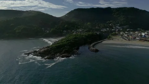Panoramic view pier located on beach with lighthouses and river flowing into sea Stock Footage 262188005