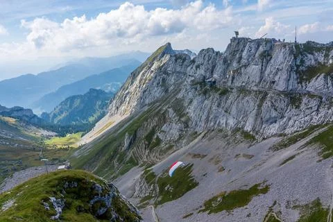 Panoramic view of Pilatus mountain in Switzerland, paragliding on Pilatus ... 写真素材