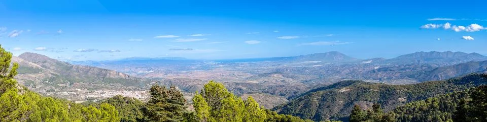 Panoramic view on pine forest on hiking trail to peak Torrecilla Stock Photos