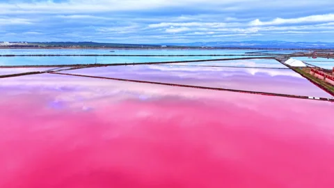 Panoramic view of pink and turquoise salt ponds, Bulgaria Stock Footage 340405371