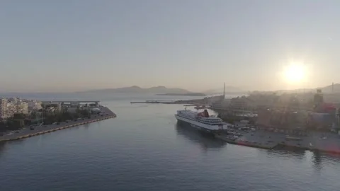 Panoramic view at Piraeus port- Greece, with an anchored ship, 18 June 2020 Stock Footage 264570613