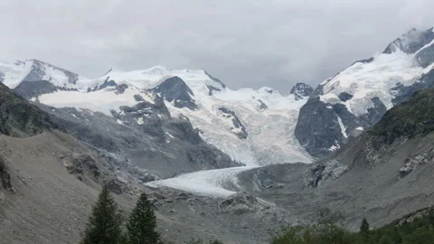 Panoramic view of Pizzo Bernina and Morteratsch Glacier from Pontresina Stock Footage 256150842