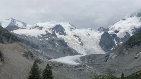 Panoramic view of Pizzo Bernina and Morteratsch Glacier from Pontresina Stockbeeldmateriaal 256153488