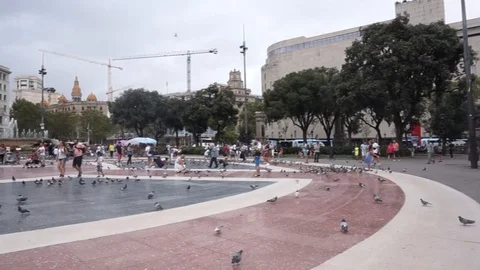 A panoramic view of Plaça de Catalunya during a summer day Stock Footage 96316476