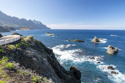 Panoramic view Playa del Roque de las Bodegas and blue Atlantic ocean, Anaga  Stock Photos