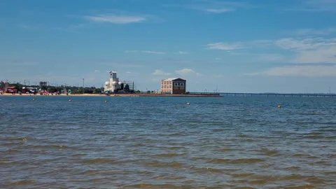 Panoramic view of Playa San José in Encarnación, Paraguay, Paraná River Video stock 337537523