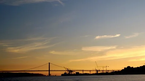 Panoramic view of Ponte 25 de Abril bridge and Tejo River in Lisbon, Portugal Stock Footage 89541182