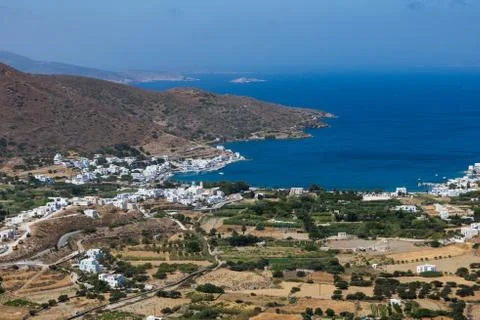 Panoramic view from the port of Amorgos.the largest natural harbor of Cyclade Stock Photos