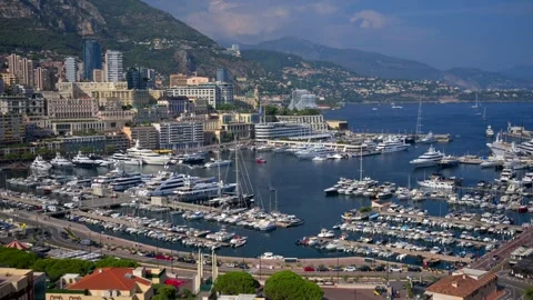 Panoramic view of Port Hercules in Monaco featuring luxury yachts, sailboat.. Video stock 339408646