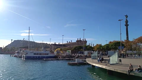 Panoramic view of port vell with boats, Montjuïc mountain, 스톡 동영상 328850175