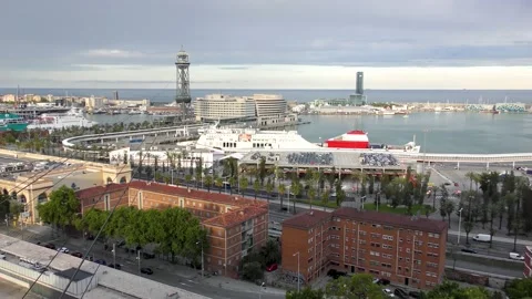 Panoramic view of  Port Vell, a waterfront harbor in Barcelona Stock Footage 130735313