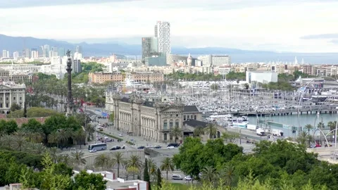 Panoramic view of Port Vell a waterfront harbor in Barcelona Catalonia Spain Stock Footage 130735341