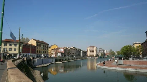 Panoramic view of the Porta Ticinese dock, also known as Darsena, in Milan Stock Footage 74166231