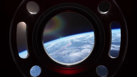 Panoramic view porthole window of a space station while flying over planet earth Stock Footage 278617439