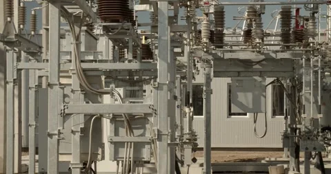 Panoramic view of power grid infrastructure with transmission lines Vídeos de archivo 328882873
