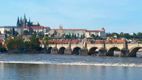 Panoramic view of prague castle and charles bridge on vltava river Stock Footage 318178527
