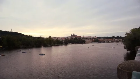 Panoramic view of Prague castle with Charles bridge and the river Vltava Stock Footage 70593450