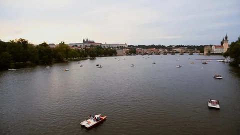 Panoramic view of Prague castle with Charles bridge and the river Vltava Stock Footage 70593507
