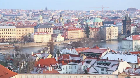 Panoramic View of Prague with Charles Bridge Stock Footage