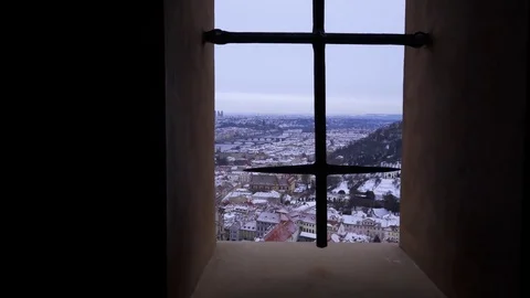Panoramic view on the Prague city. Window fly through St.Vitus Cathedral window Stock Footage 82226854