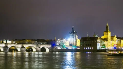 Panoramic view of Prague at night, Timelapse. Czech Republic, Europe Vidéo 94002644