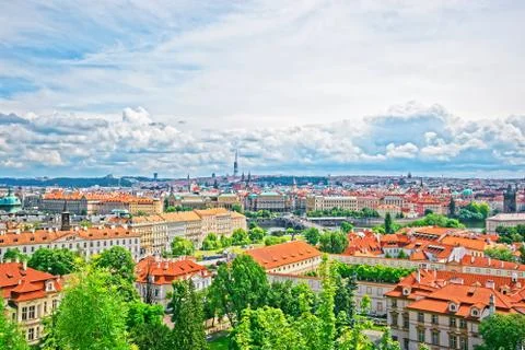 Panoramic view of Prague Old Town and Vltava River Stock Photos