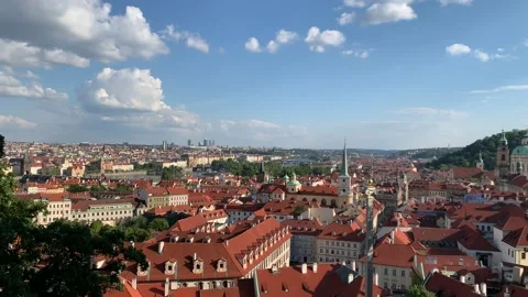 Panoramic view of Prague skyline with Charles bridge and Old town red houses Stock Footage 220458037