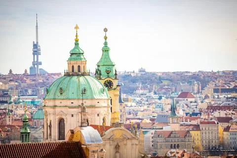 Panoramic view of Prague in sunny spring time Stock Photos