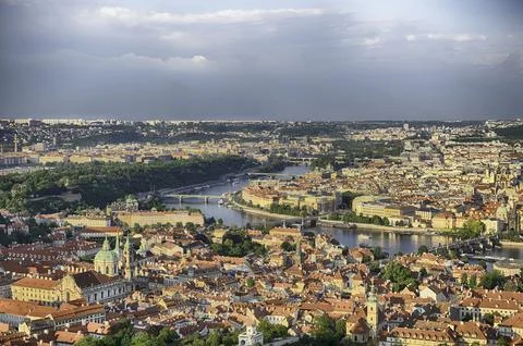 Panoramic view of Prague with Vltava river from Petrin hill Stock Photos
