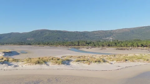 A panoramic view of Praia de Carnota, a vast sandy beach in Carnota, Spain. The Stock Footage 346704955