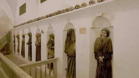 Panoramic view of preserved confreres inside Oria Crypt of the Mummies Stock Footage 315491379