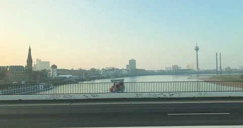 Panoramic view of promenade, riverside and old town Düsseldorf, Germany. Stock Footage 113767696
