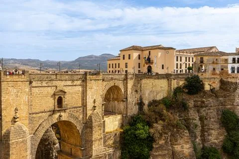 Panoramic view of Puente Nuevo Bridge at sunset in Ronda Stock Photos