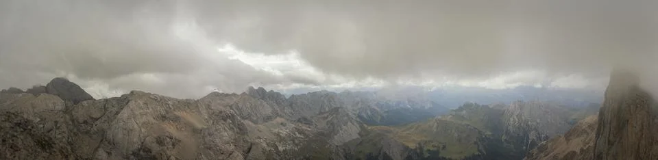 Panoramic view from Punta Penia summit over dramatic Dolomites peaks beneat.. Fotos Stock