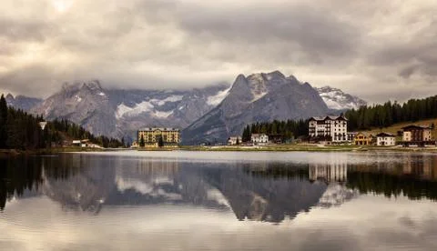 Panoramic view of Putna Sorapis peeks from Misurina lake with beautiful refle Stock Photos