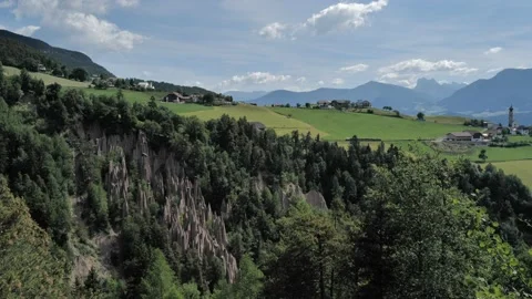 Panoramic view on the Pyramid rock formations in the Renon province Stock Footage 204726499